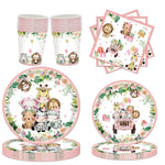 décoration anniversaire thème jungle animaux rose serviettes papier assiettes guirlande happy birthday nappe aquarelle