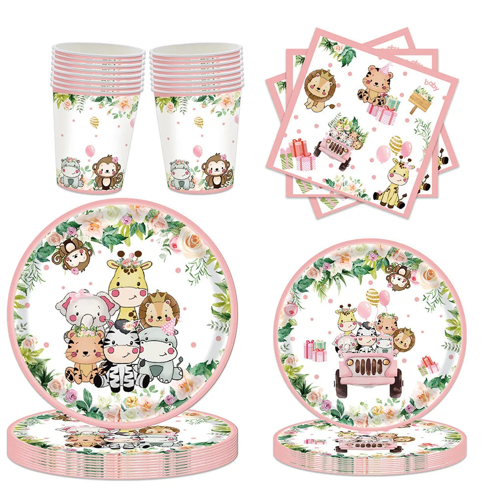 décoration anniversaire thème jungle animaux rose serviettes papier assiettes guirlande happy birthday nappe aquarelle