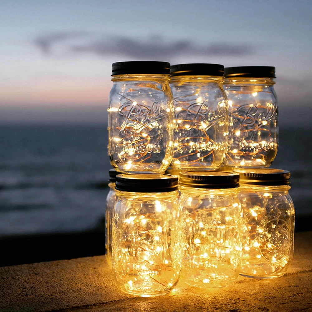 décoration jardin pot mason guirlande led transparent noir doré vintage rustique anneaux métalliques