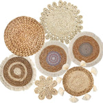 assiettes decoratives boho artisanal tissage main motifs geometriques franges naturel beige