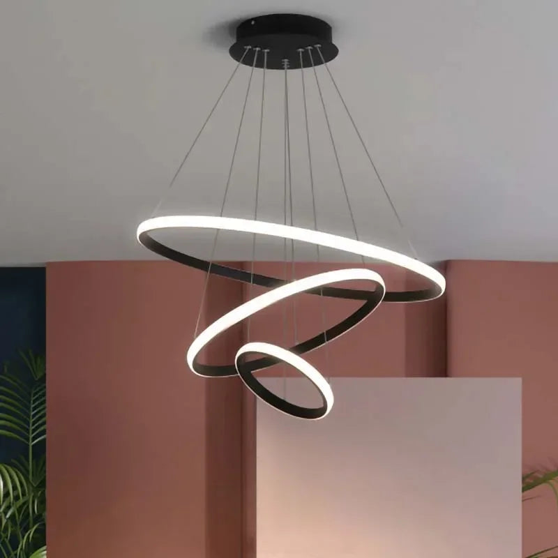 lustre moderne minimaliste suspension câbles noir or blanc concentrique led chambre salon