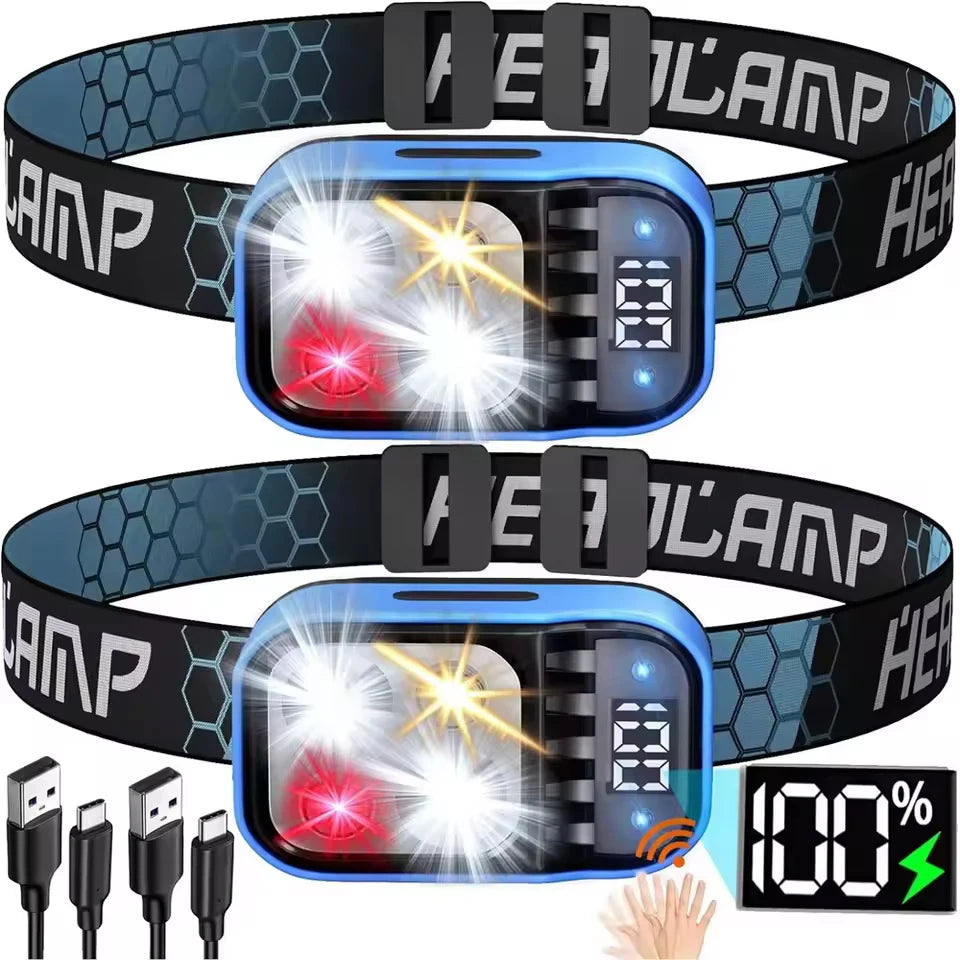 lampe frontale led bleu gris moderne sangle réglable mode utilitaire recharge usb hexagonale