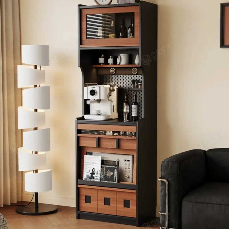 meuble rangement multifonction moderne noir bois naturel salon entrée vitrine assiettes tasses bouteilles vin