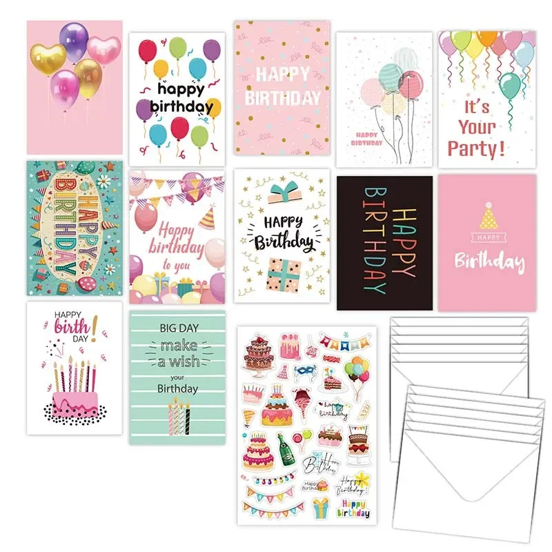 cartes postales anniversaire multicolores gâteaux ballons confettis enveloppes festives bricolage invitations