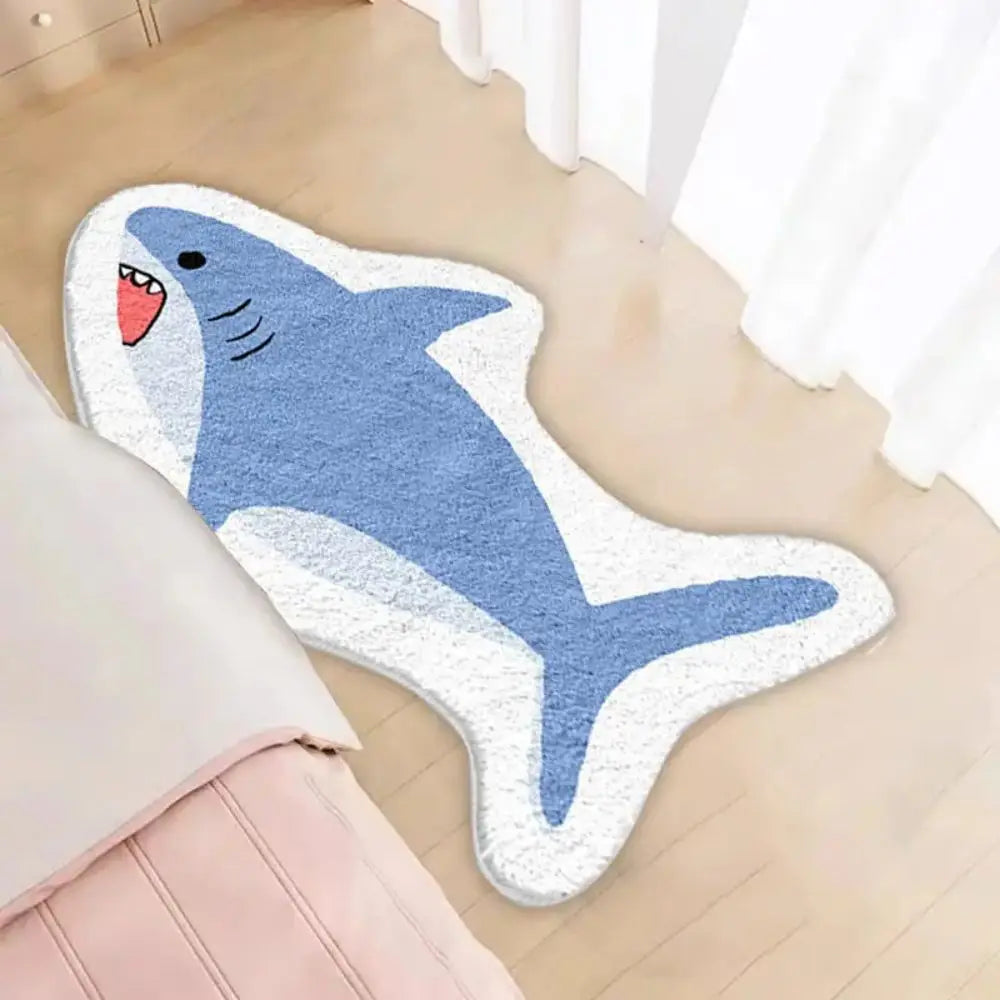 tapis doux moderne requin souriant bleu blanc antidérapant intérieur extérieur 80x120cm