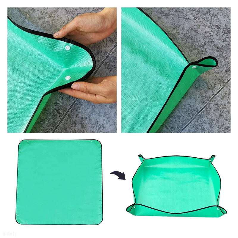 tapis jardinage vert moderne 100x100cm outils pelle râteau houe pots fleurs terre
