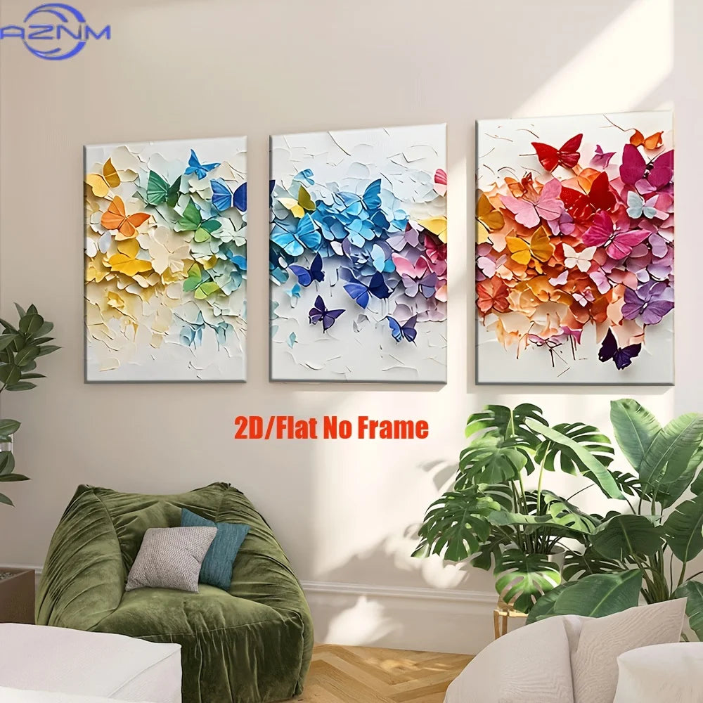 tableaux murals modernes papillons multicolores toile sans cadre ensemble trois impressions abstraites carreaux