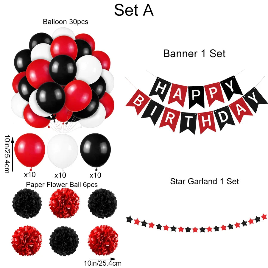décoration fête anniversaire ballons rouges noirs blancs guirlande étoiles papier brillant moderne festif