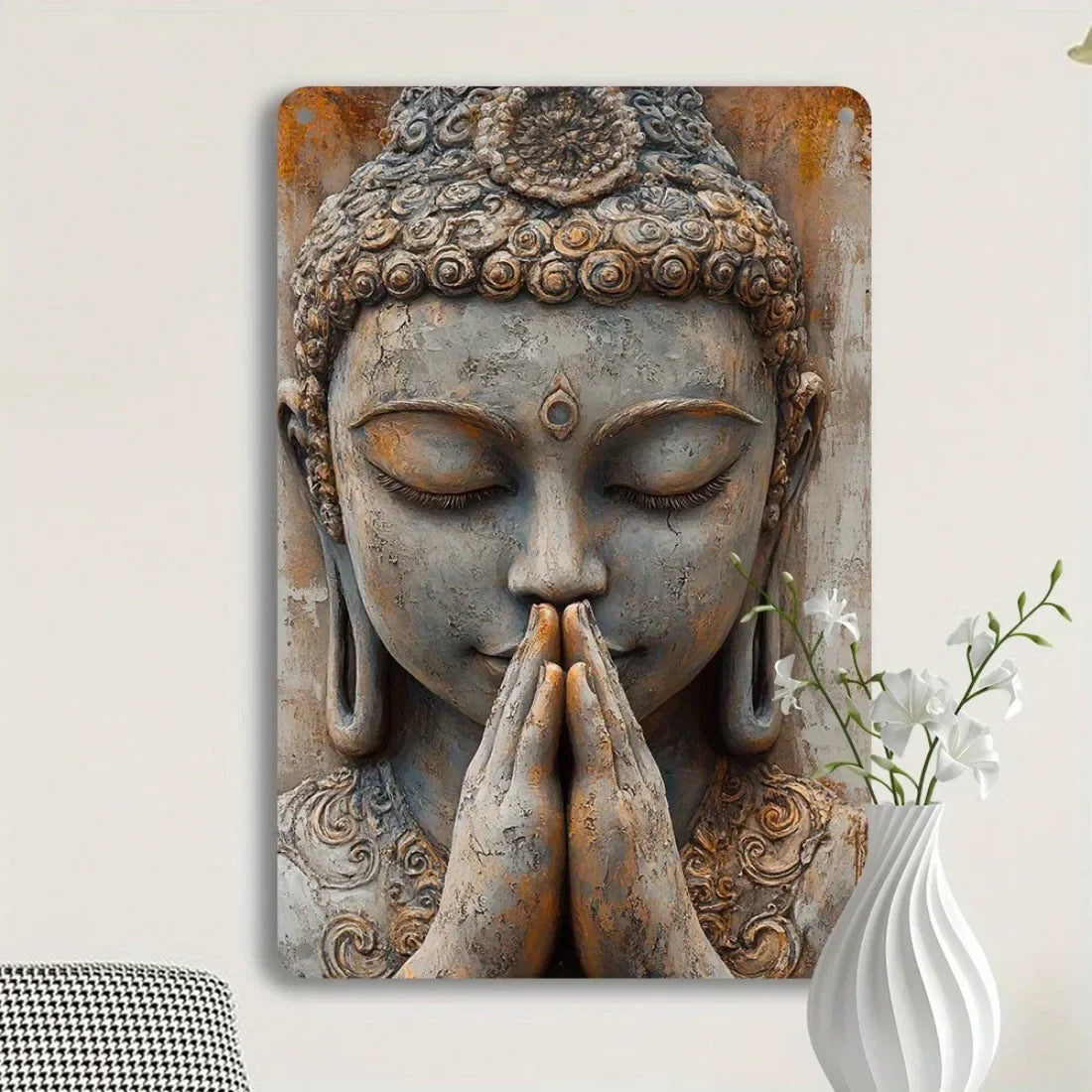 statue bouddha aluminium relief sculpté gris brun beige décoration murale intérieur extérieur (Seulement 14