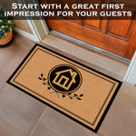 tapis d'entrée marron clair motif maison branches bordure noire imperméable antidérapant extérieur intérieur