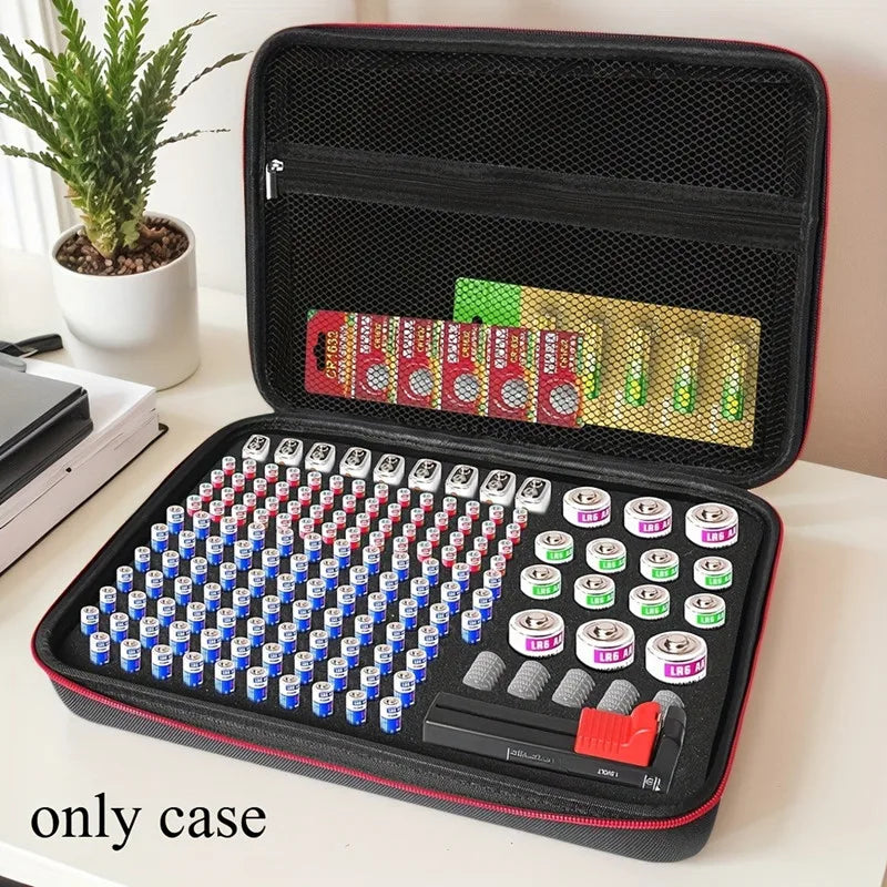 mallette rangement batteries texturée noir bordure rouge compartimentée piles button aaa aa 9v