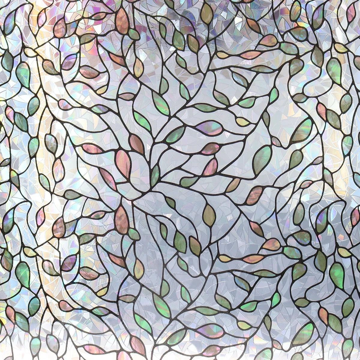 film décoratif fenêtre feuilles stylisées semi transparent vert rose bleu blanc artisanal adhésif isolation