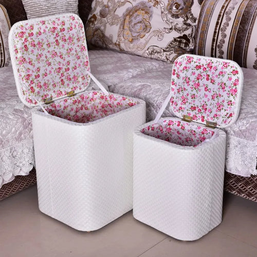 tabouret rangement bois multifonctionnel moderne couleurs beige bleu marron clair tissu motifs géométriques opacité