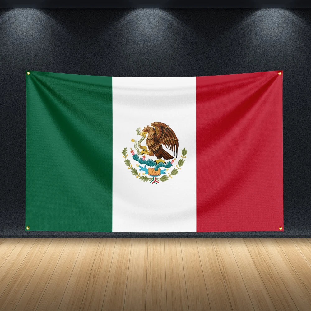 décoration murale drapeau mexicain polyester dorés rayures horizontales fleurs stylisées vert blanc rouge classique
