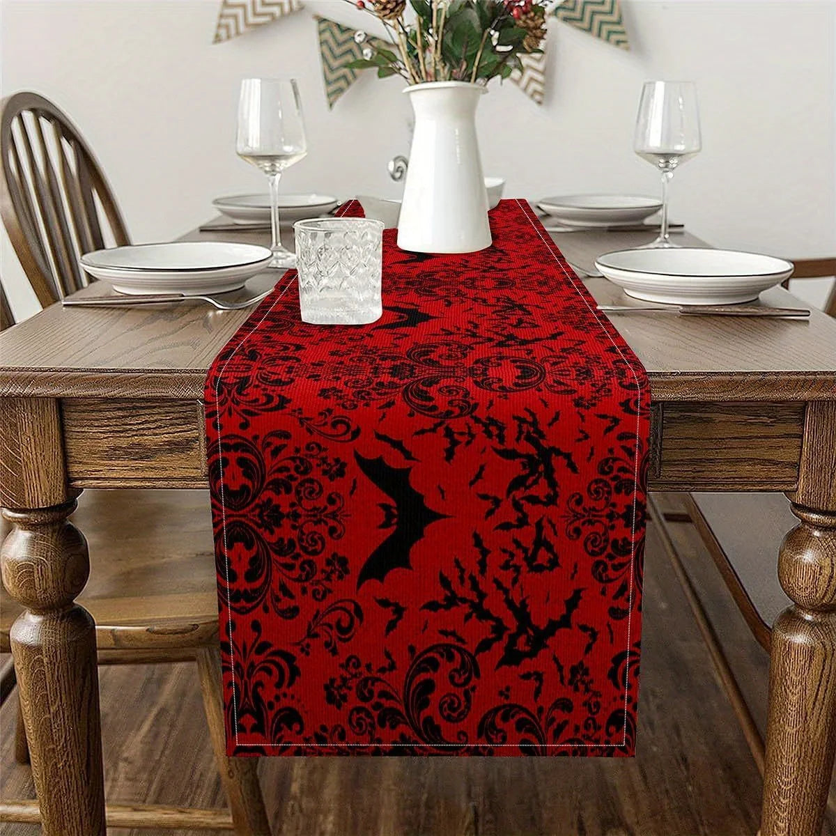 table chevet chemin table baroque floral chauves souris halloween rouge noir