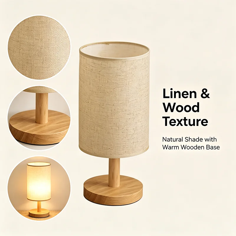 lampe table led tissu lin bois naturel minimaliste beige réglable éclairage chambre veilleuse usb