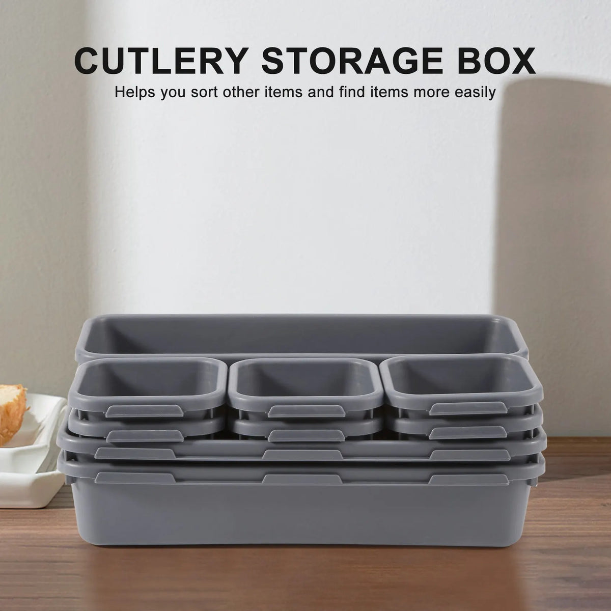 boîtes rangement gris texture moderne cuisine organisation ustensiles clippeurs couteaux fourchettes cuillères bouteilles tasses