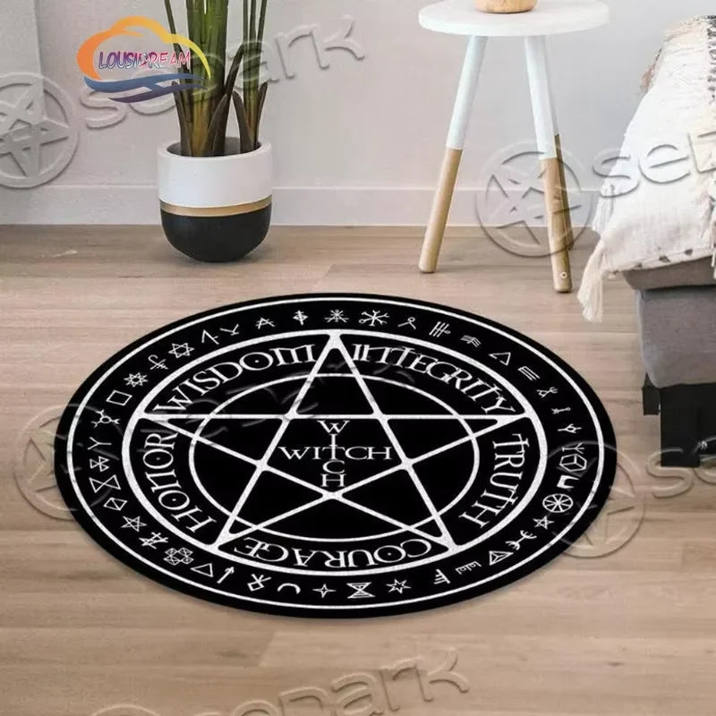 tapis rond noir pentagramme motifs floraux symboles moderne intérieur extérieur polyester PVC