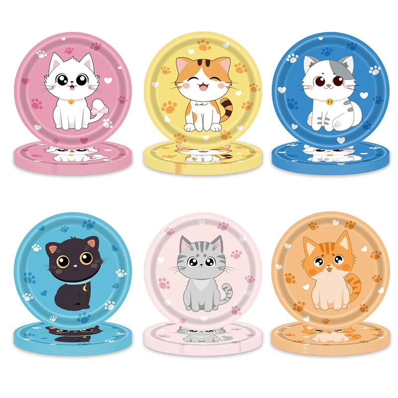 assiettes jetables papier motif chaton mignon coeur rose bleu jaune fête anniversaire bébé