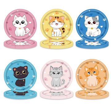 assiettes jetables papier motif chaton mignon coeur rose bleu jaune fête anniversaire bébé