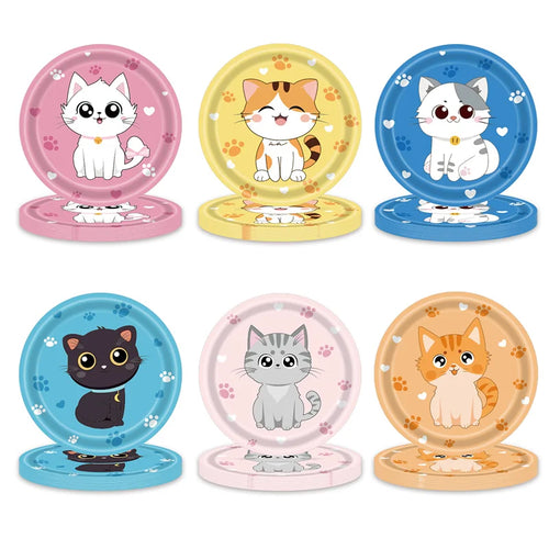 assiettes jetables papier motif chaton mignon coeur rose bleu jaune fête anniversaire bébé