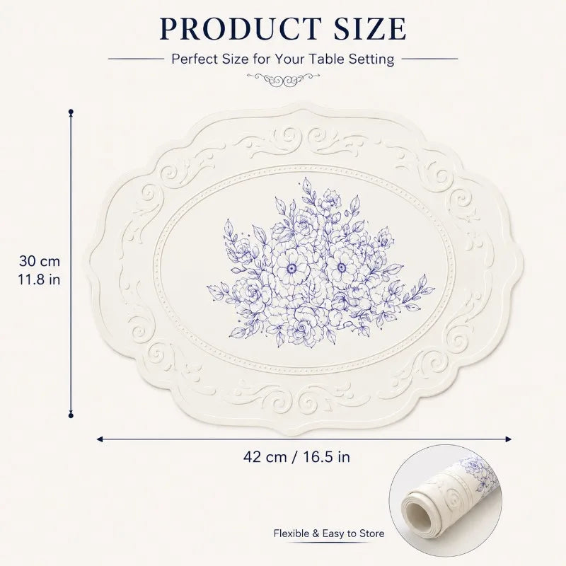 placemat silicone fleurs bleues blanc bordure embossée classique élégant imperméable cuisine table manger