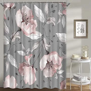 rideau douche floral gris rose branches décoration salle bain tringle anneaux