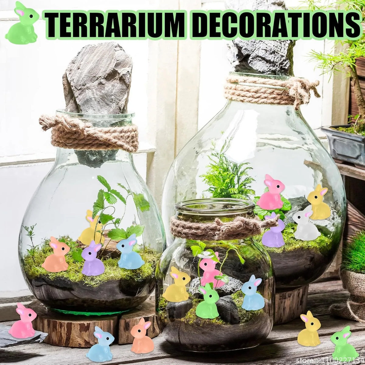 figurines lapins lumineuses miniatures opalescentes bleu vert jaune rose violet
