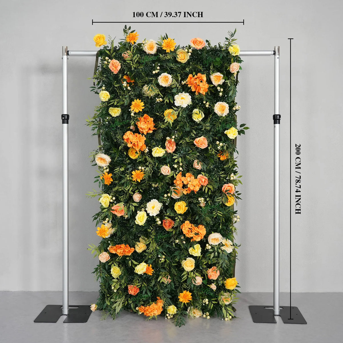 panneau floral décoration événementiel intérieur vert orange roses feuilles texturées fixations charnières événements decoration