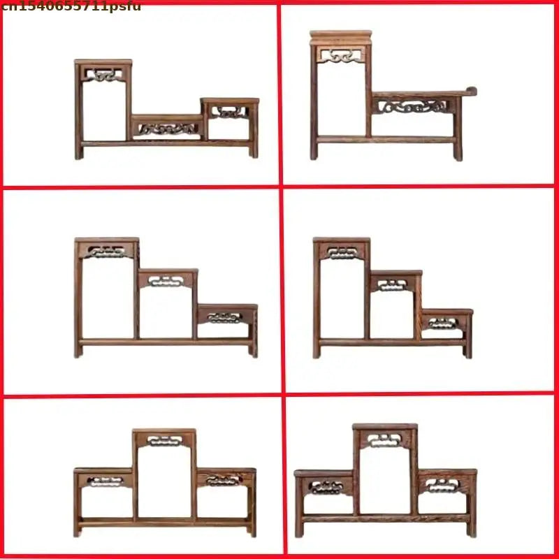 présentoir bois sculpté banc traditionnel marron foncé classique meuble rétro décoration maison figurines plantes