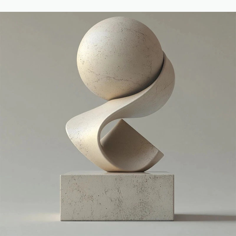 sculpture abstraite moderne minimaliste blanc doré beige gris foncé socle pierre marbre