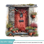 autocollant mural vintage paysage fenêtre volets bleus plantes vertes guirlande fleurs chat niche naturel