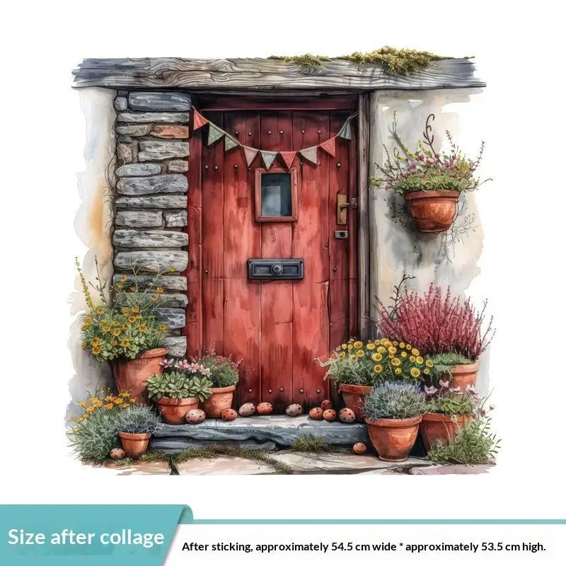 autocollant mural vintage paysage fenêtre volets bleus plantes vertes guirlande fleurs chat niche naturel