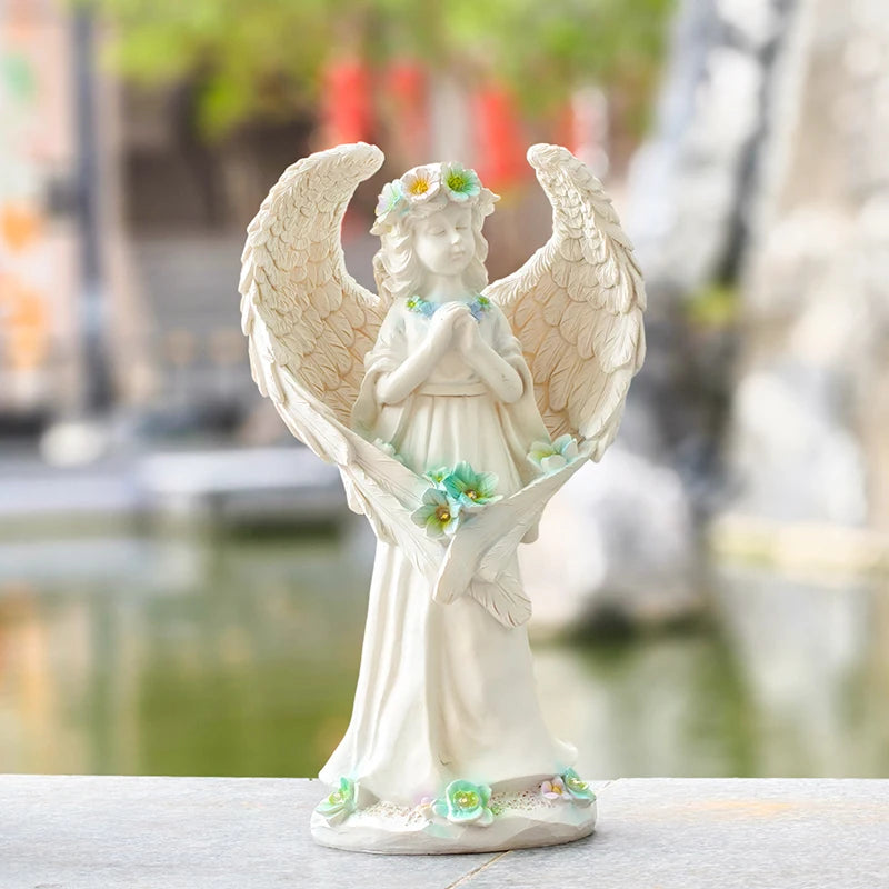 statue ange blanc plumes fleurs base décorative jardin classiqueextérieur résine