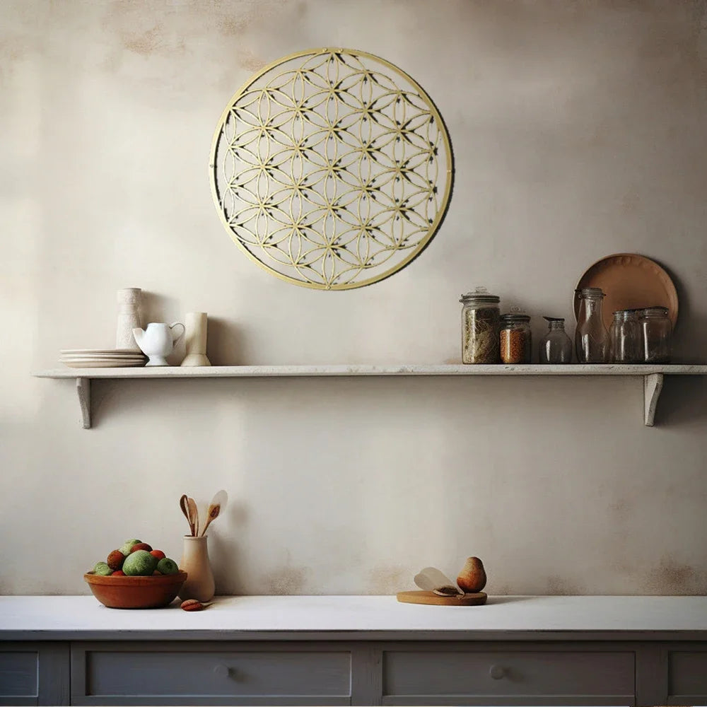 décoration murale moderne or fleur vie symbole géométrique adhésif métal chambre salon