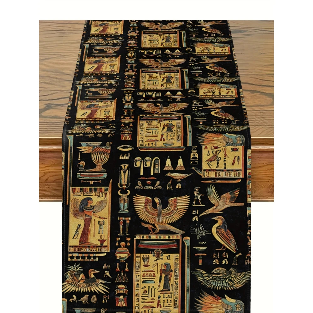 tableau chemin table lin égyptien motifs hiéroglyphes oiseaux noir or rouge bleu classique