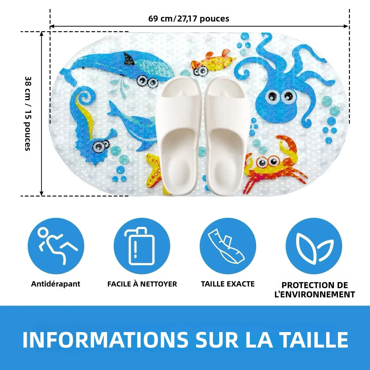 tapis bain antidérapant animaux marins bleu orange jaune rose blanc ventouses bulles texturées salle