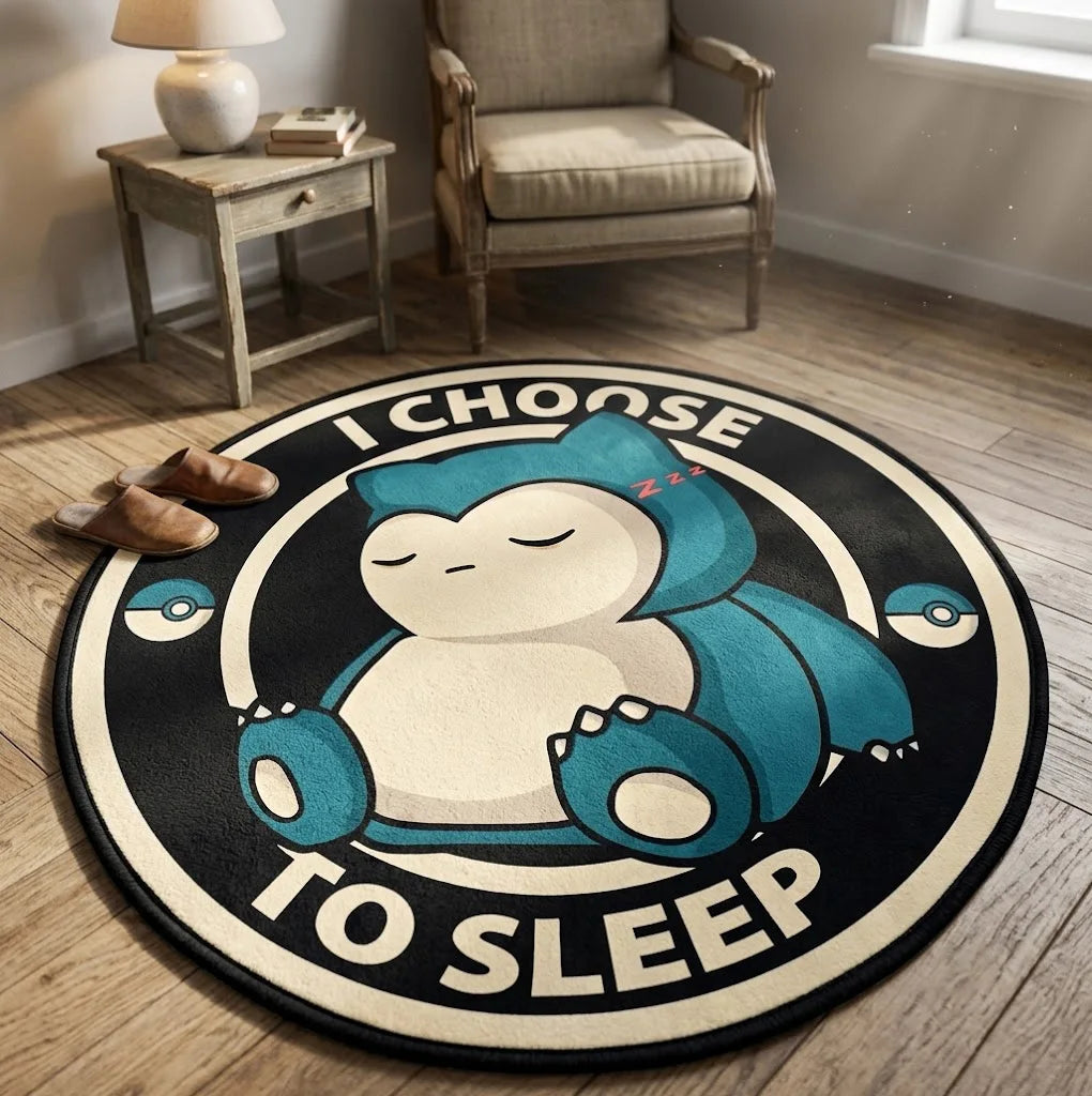 tapis rond snorlax pokémon bleu blanc noir choose to sleep pokeballs chambre coucher decoration