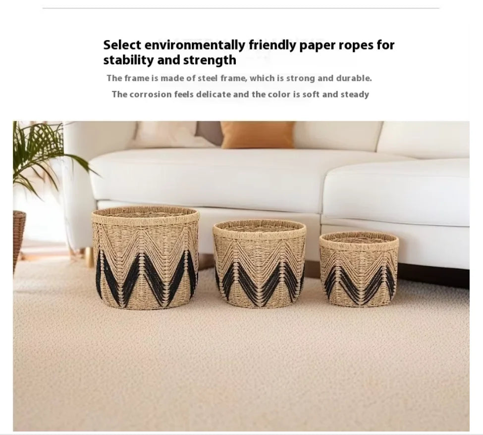 paniers rangement réutilisables fibre végétale couleur beige motif zigzag ethnique petit moyen grand