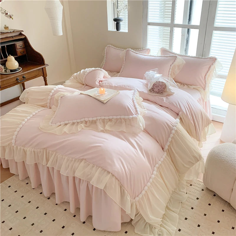 ensemble literie coton housse couette dentelle romantique vintage quatre pièces rose