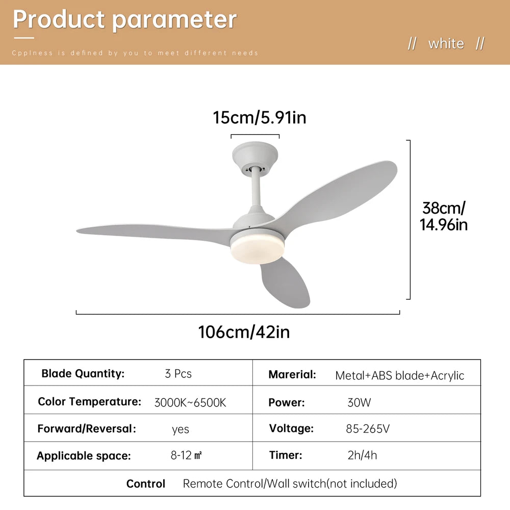 ventilateur moderne 42 inch blanc noir bois lampe intétrieure télécommande fixations ølets led