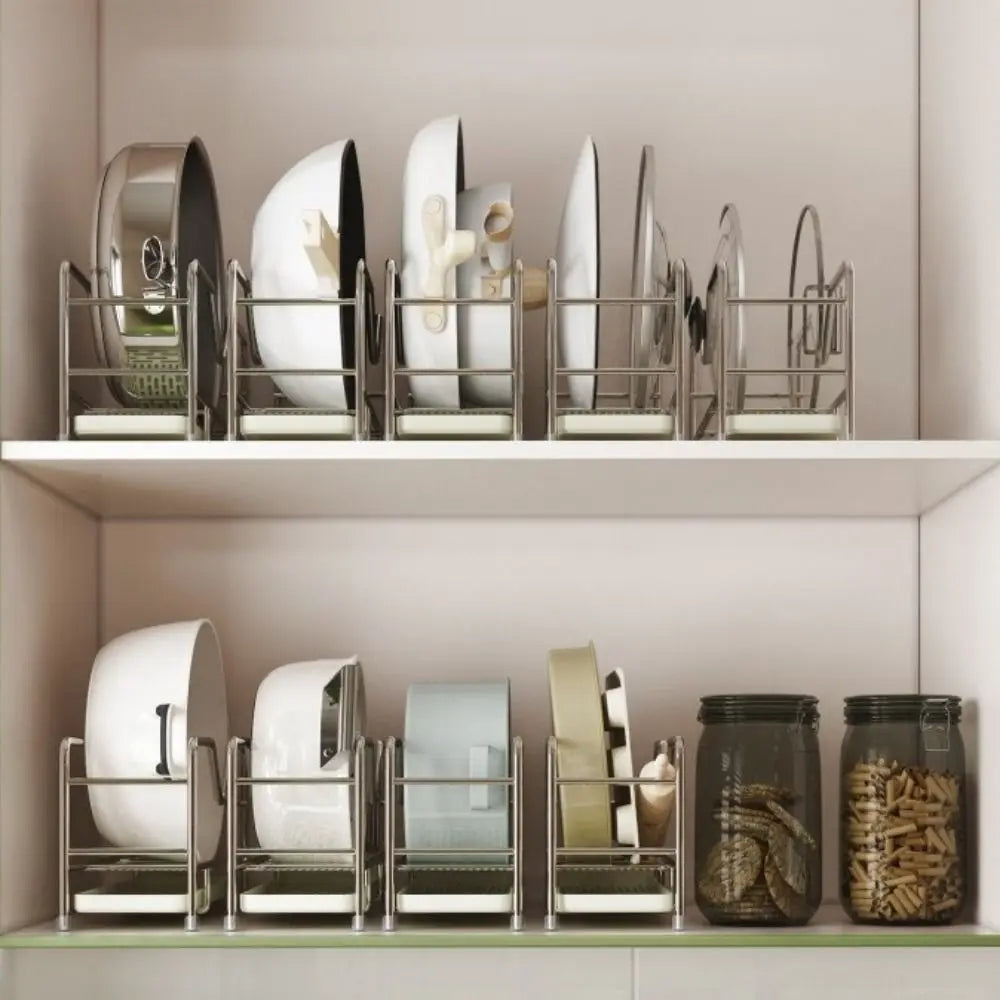 rangement moderne couvercle casserole planche découpe acier inoxydable base plastique sans BPA pieds silicone