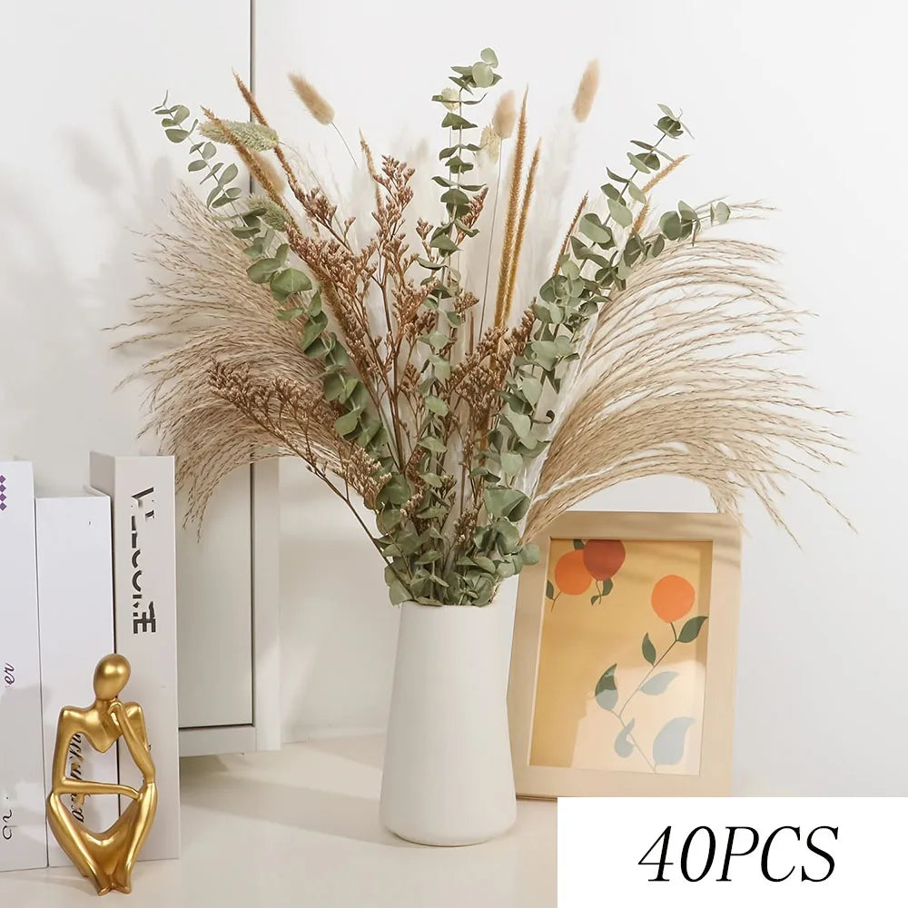 bouquet fleurs séchées herbe pampa feuilles eucalyptus decoration maison anniversaire baby shower fete