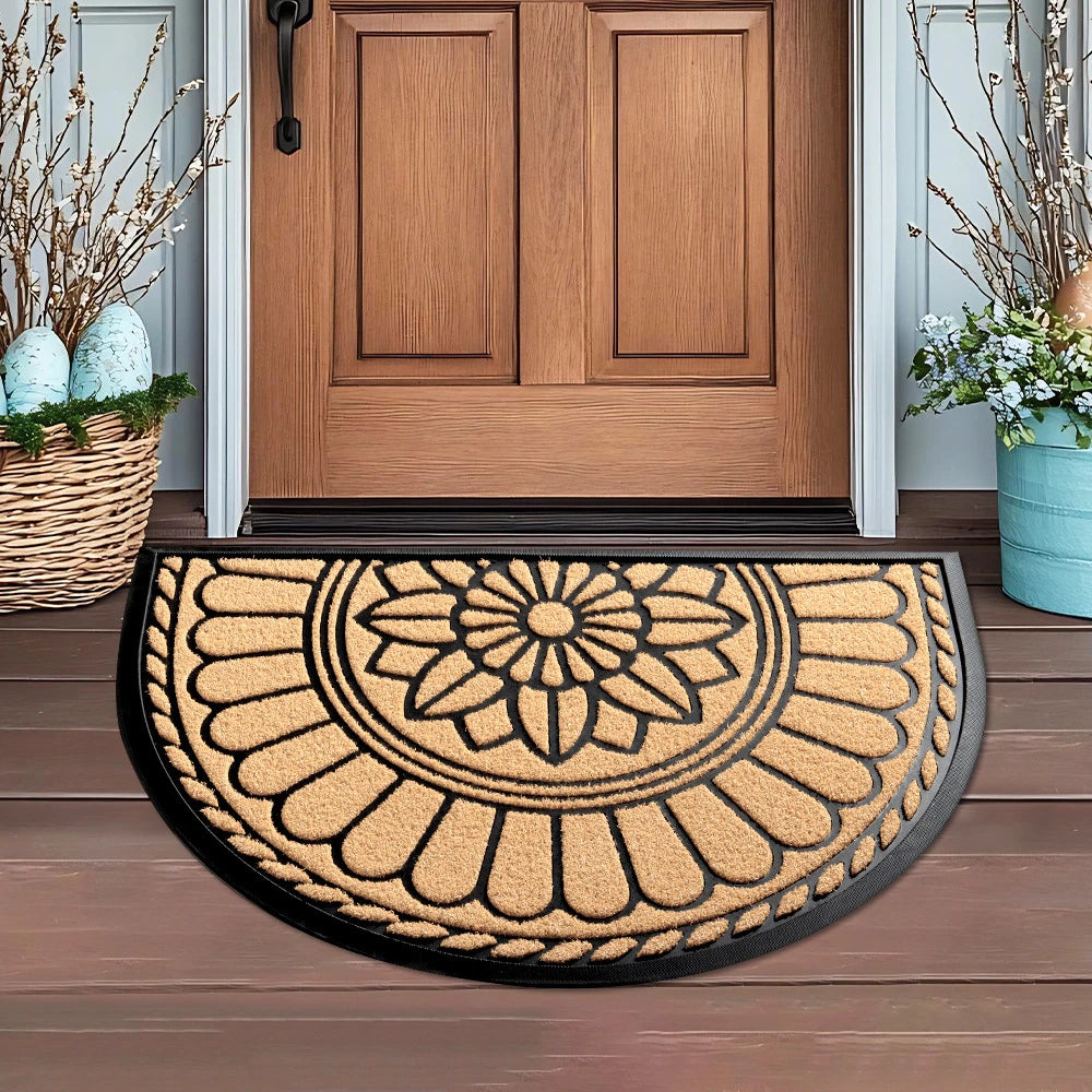 tapis d'entrée motif floral noir marron clair bordure dentelée antidérapant intérieur extérieur