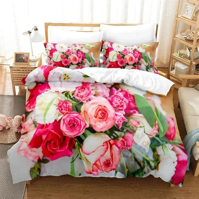Housse de couette imprimée 3D rose luxe sur lit Queen