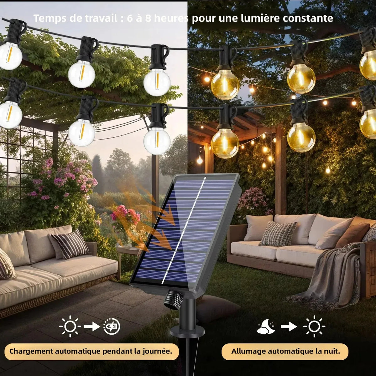guirlande lumineuse solaire transparente 10m 15 ampoules led blanc noir moderne ip44