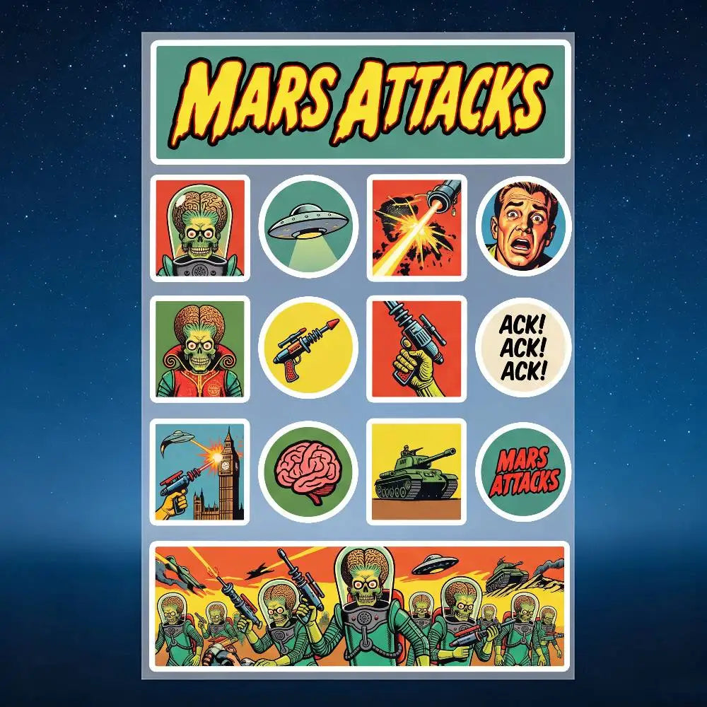 stickers adhésifs rétro mars attacks extraterrestres soucoupes volantes buildings armes 20x30cm 30x40cm