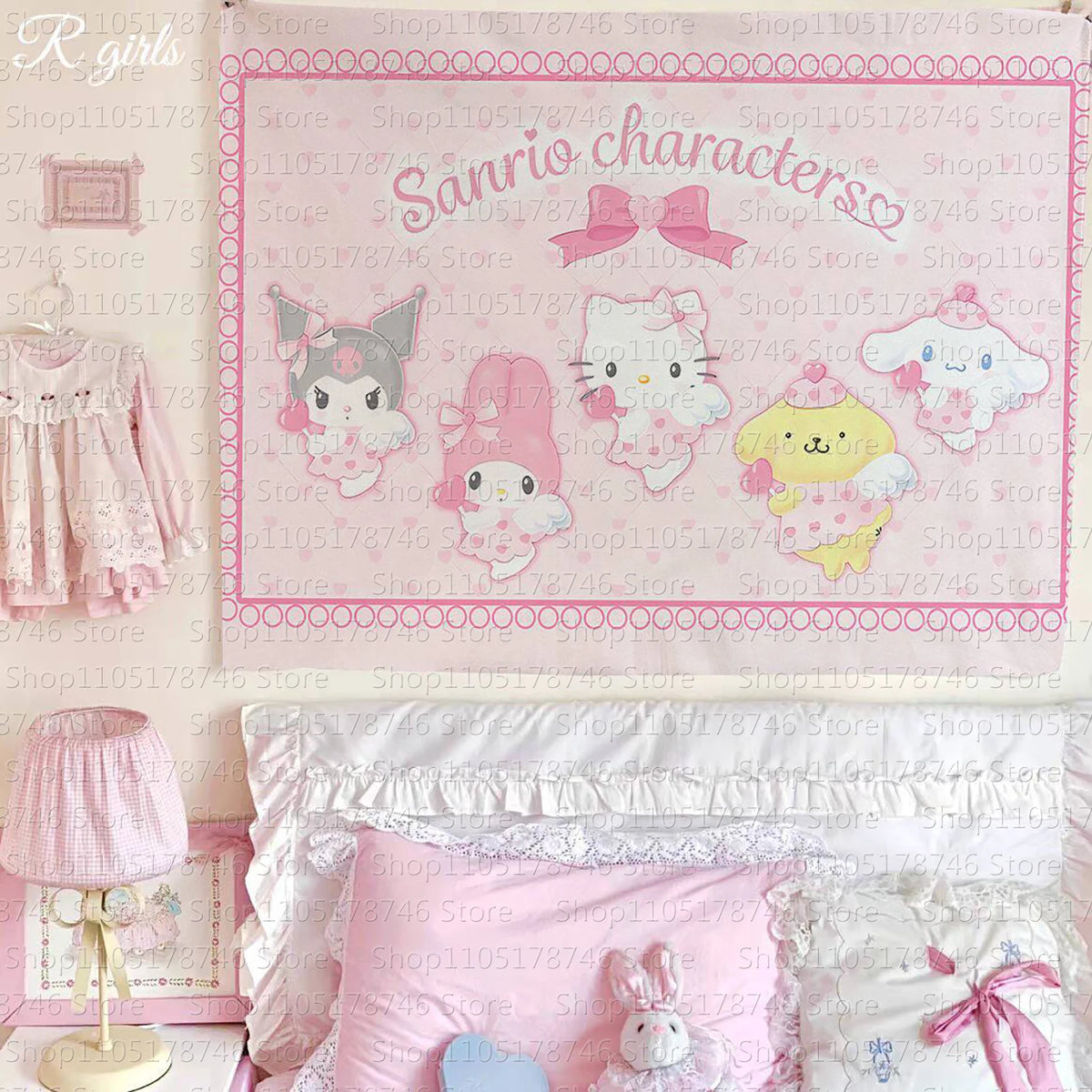 tapisserie murale kawaii personnage sanrio rose décoration chambre enfant motif dessin animé textile intérieur