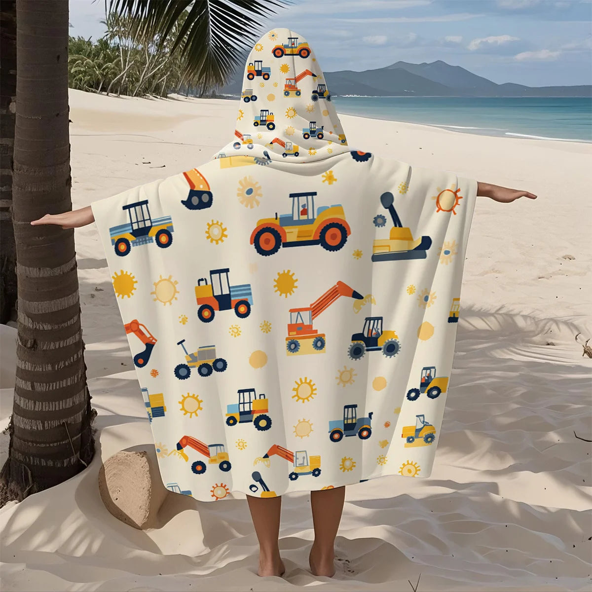 serviette plage polyester capuche tracteur excavatrice soleils moderne enfant beige clair absorption rapide