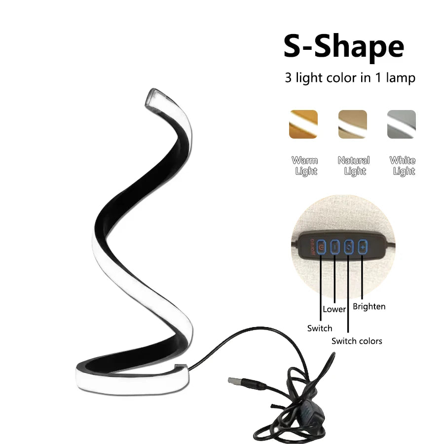 lampe table spirale noir blanc moderne led usb dimmable base plate aluminium